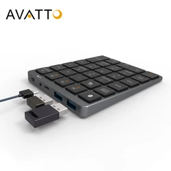 AVATTO 알루미늄 합금 28 키 USB 허브가있는 Bluetooth 무선 숫자 키패드 더 많은 기능 키 회계 작업을위한 미니 숫자 패드