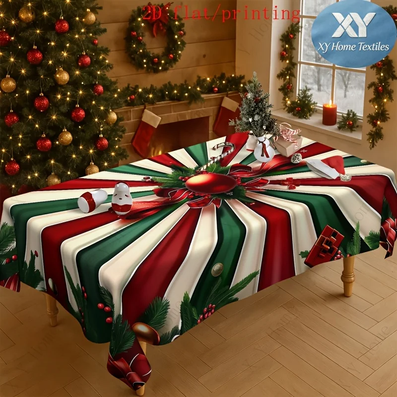 1Pc 2D flat Christmas candy wind round tablecloth, red and green contrasting color home restaurant decorative table cloth