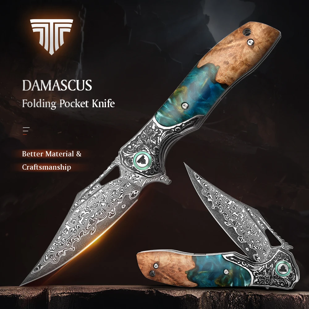 TRIVISA Apus-07C Coltello EDC tascabile pieghevole per uomo, lama in acciaio di Damasco Manico in legno in resina Multiutensile tattico per sopravvivenza all'aperto