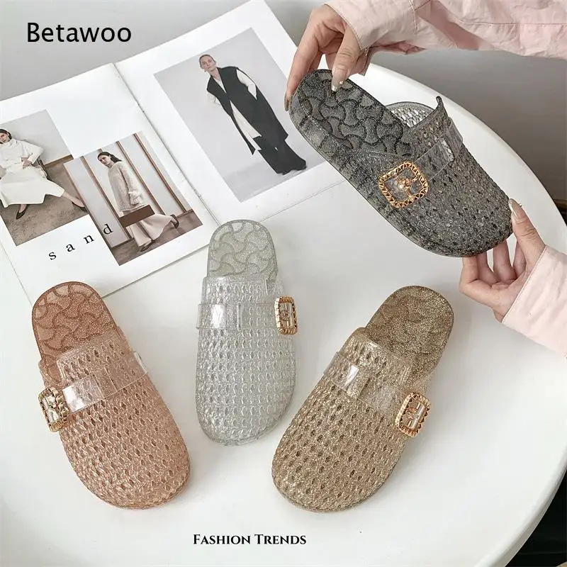 Clear Crystal Thick Sole Closed Toe Mules Women Transparent Pvc Flat Slides Casual Outdoor Beach Slippers