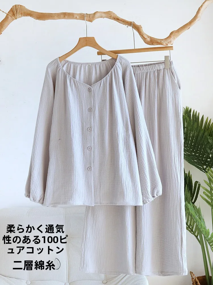 100-cotton-sleepwear-women's-spring-autumn-pure-cotton-gauze-lightweight-long-sleeve-soft-home-clothes-grey-home-fashion