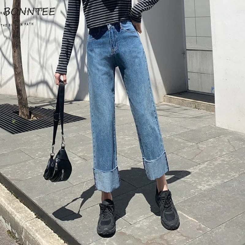 

Jeans Women Straight Ankle-length Cuffs Vintage Chic High Waist Female Spring All-match Autumn Do Old Leisure Students Trousers