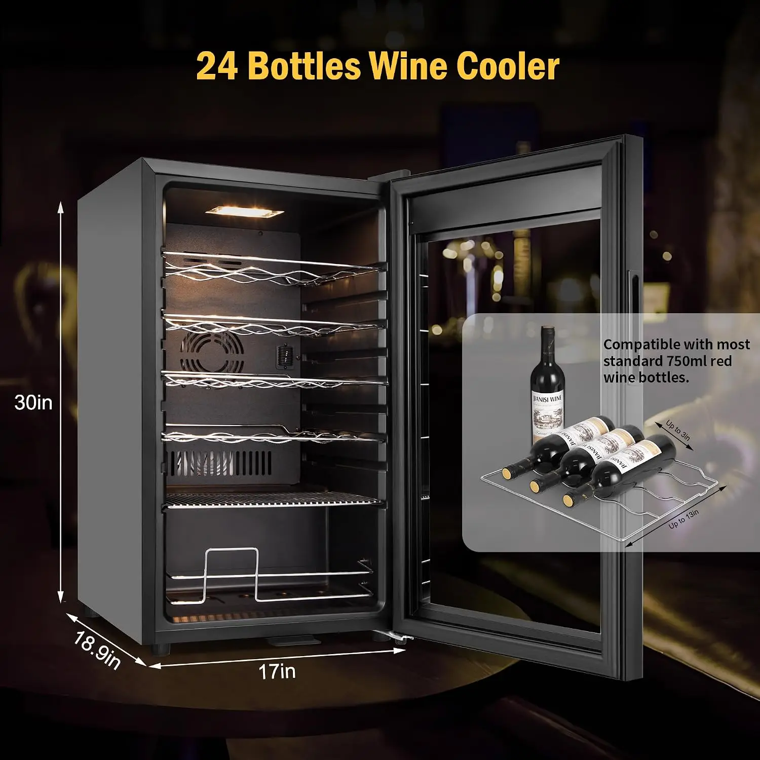 Wine Fridge 24 Bottles, Small Wine Cooler Refrigerator Freestanding with Digital Temperature Control Safety Lock, Frost, Custom - view 2