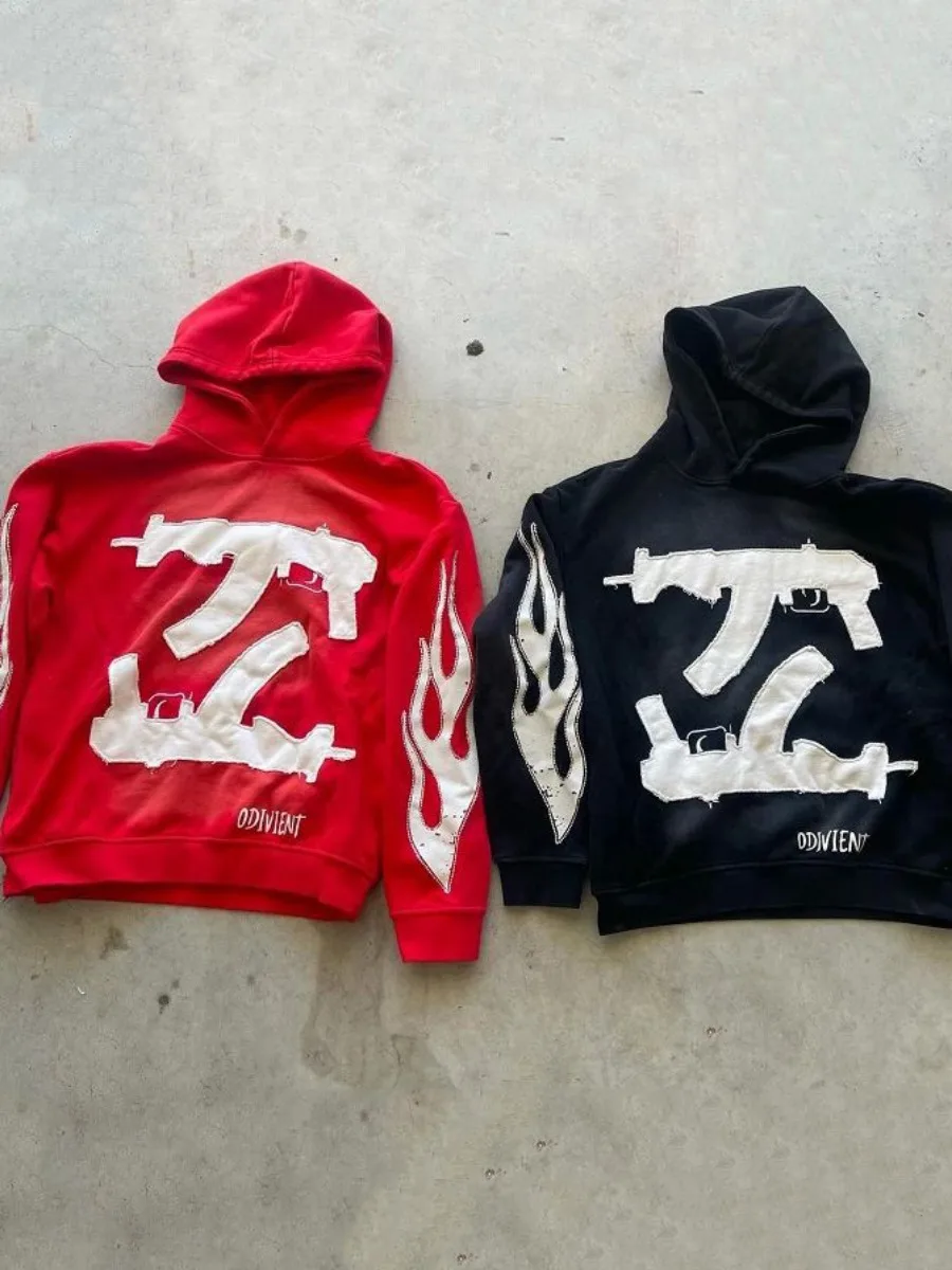 Patchwork doble patrón de pistola de manga larga Sudadera con capucha suéter americano Y2k moda High Street Sudadera con capucha