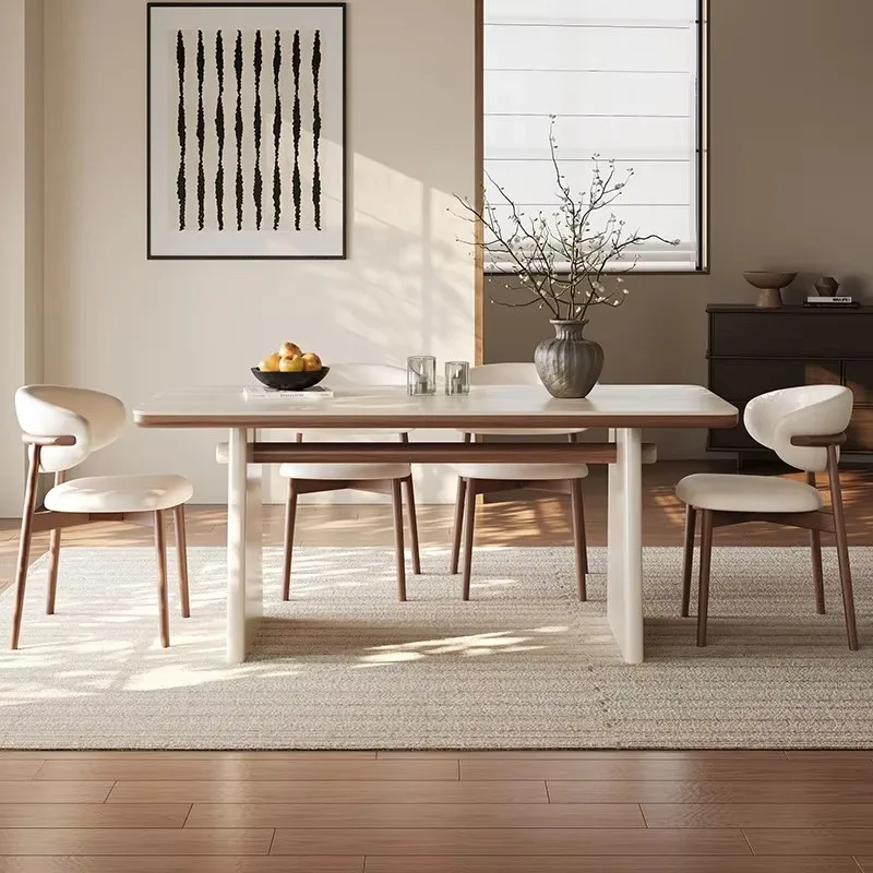 

Прямоугольный обеденный стол в кремовом стиле, столешница из спеченного камня с основанием из массива дерева, современный кухонный стол на 6 персон