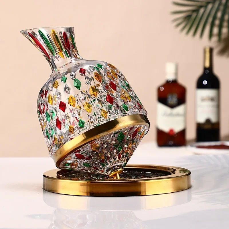 360 Rotating Crystal Wine Decanter Luxury 1500ml Lead-Free Glass Tapered Bottom Container Alcohol Sobering Quick Sober Up Gift