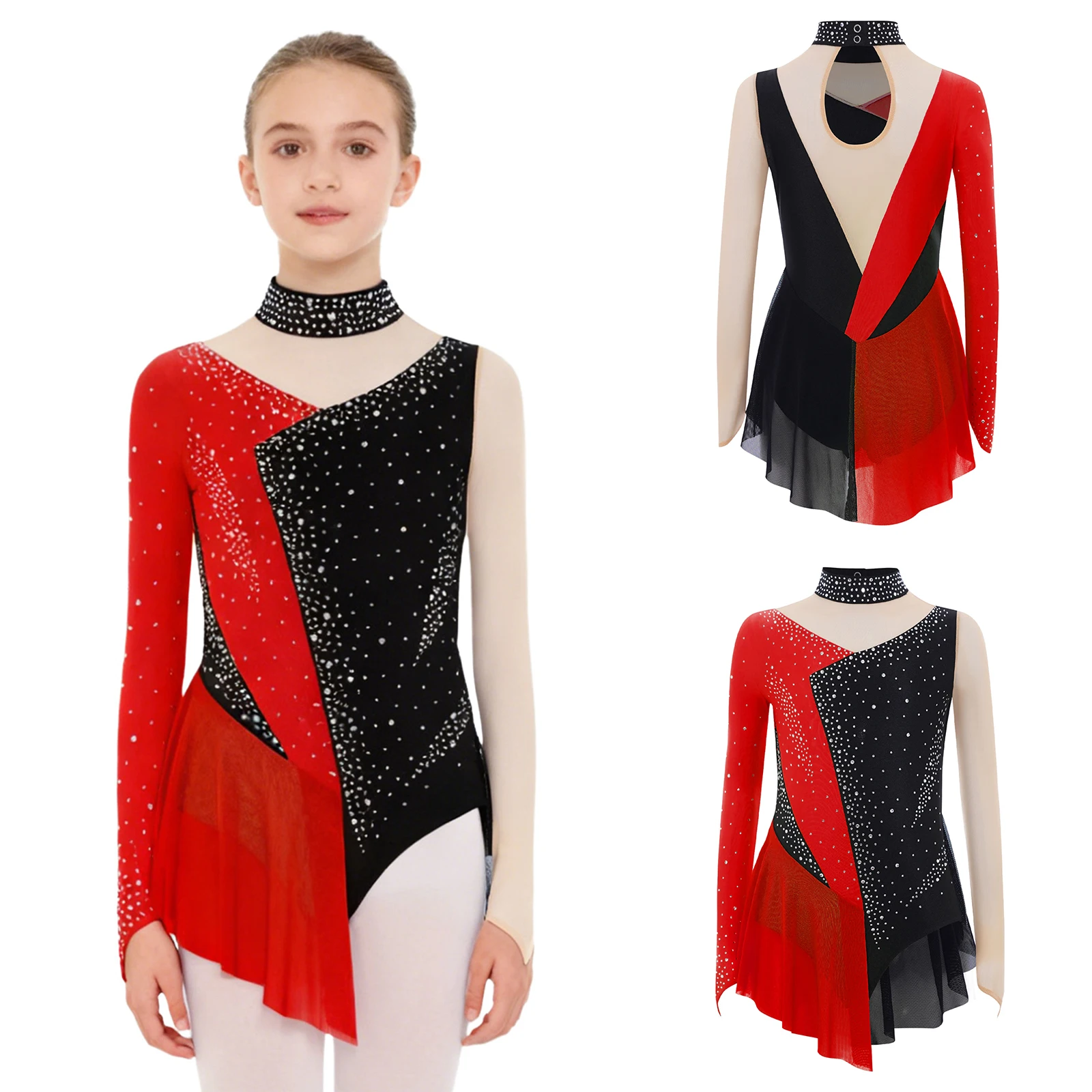 

Детское платье для фигурного катания и балета для девочек, блестящий купальник с длинными рукавами и стразами, сетчатый костюм для художественной гимнастики и выступлений