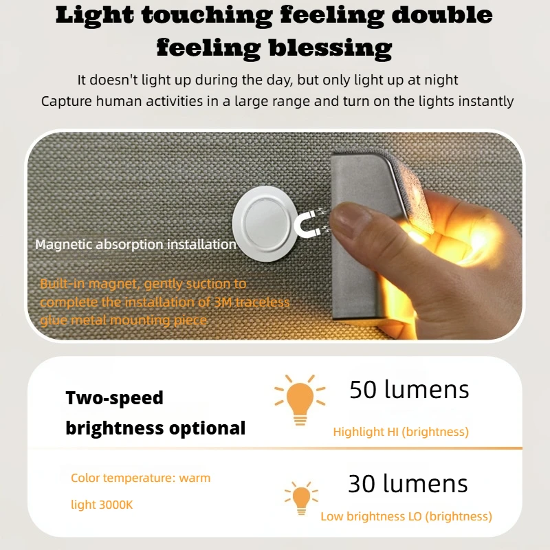 Lâmpada de parede com sensor controlado por luz de movimento inteligente - carregamento rápido USB-C de 2200mAh, 3 brilho ajustável, ligação multidispositivo, adequada para iluminação de segurança interna/externa