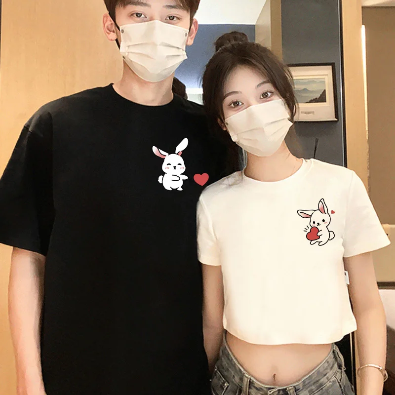 2024 Cartoon Rabbit Love Heart Matching Couple Tshirt For Him and Her Korean Style Cotton Men T-shirt And Women Sexy Crop Top