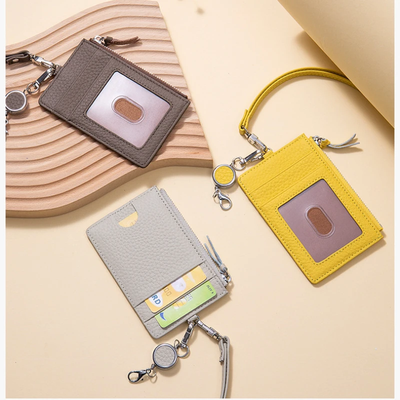 Genuine Leather ID Card Holder Buckle Lanyard Multi-functional Coin Purse Wallet Halterneck Document cover For Men Women