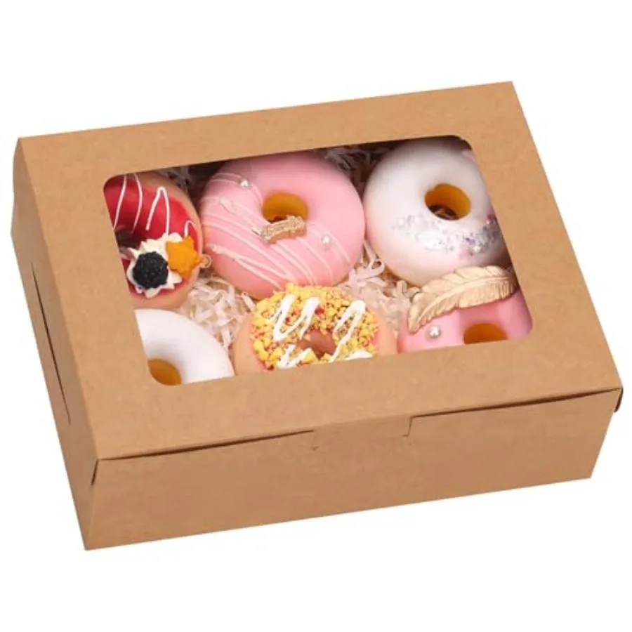 Paquete de 12 Cajas de Panadería Marrones de 8x6x2.5 Pulgadas con Ventana, Cajas para Galletas, Fresas con Chocolate, Donuts, Cupcakes, Muffins y Postres