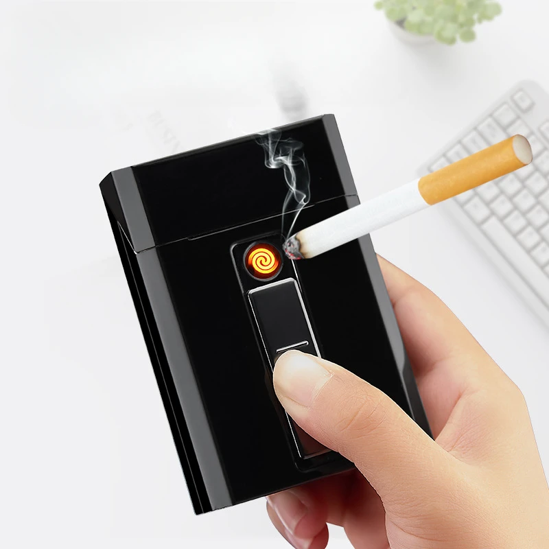 USB Rechargeable Cigarette Case for Men, Rough Cigarette Case, Creative Flip, Anti-Compression Pull-down Lighter, 20