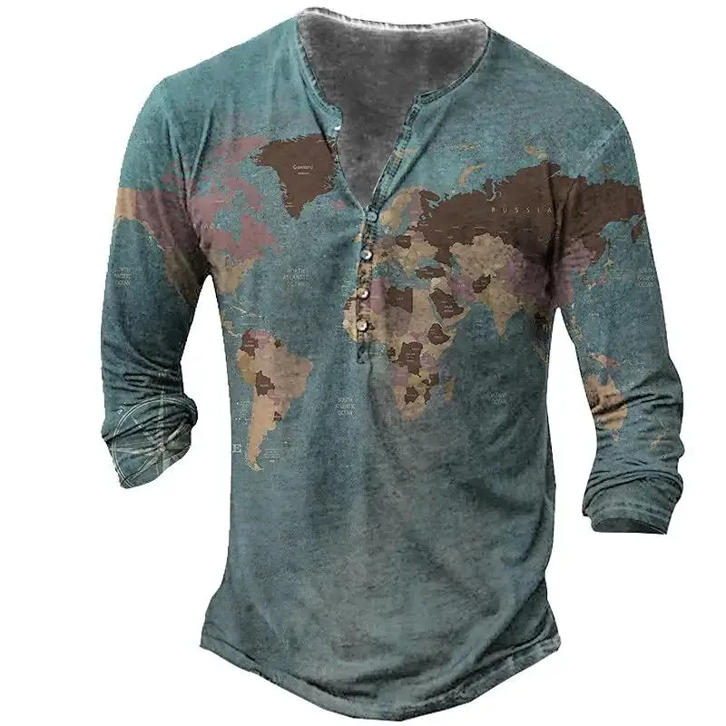 Vintage V-hals Henley Shirt Navigatie 3d Gothic T-shirt met lange mouwen voor mannen 5xl Oversized Tops T-shirt Man Punk Streetwear