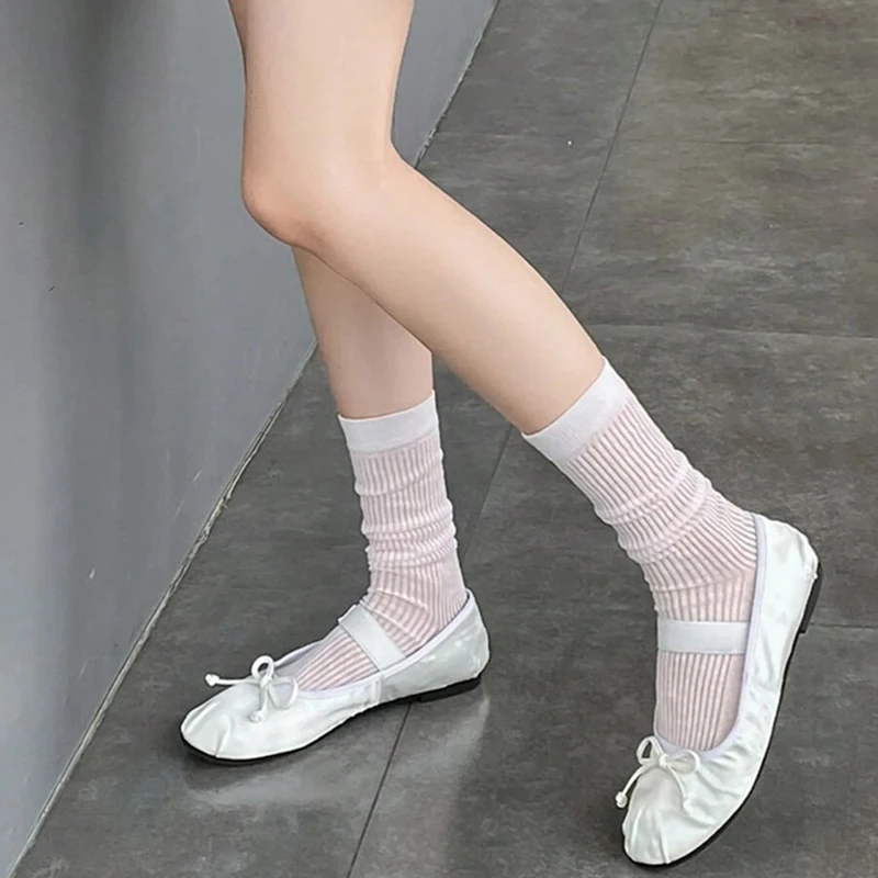 1/4 par de calcetines de pierna media a pequeña para mujer, calcetines hasta la rodilla, calcetines negros, blancos, grises, calcetines apilados transparentes de estilo dulce fino de verano