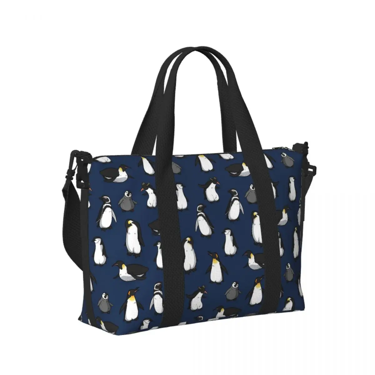 

Custom Cute Penguin Pattern (Dark Blue Variant) Beach Travel Bag Tote Bags for Gym Yoga Women Shopping Duffle Shoulder Bag