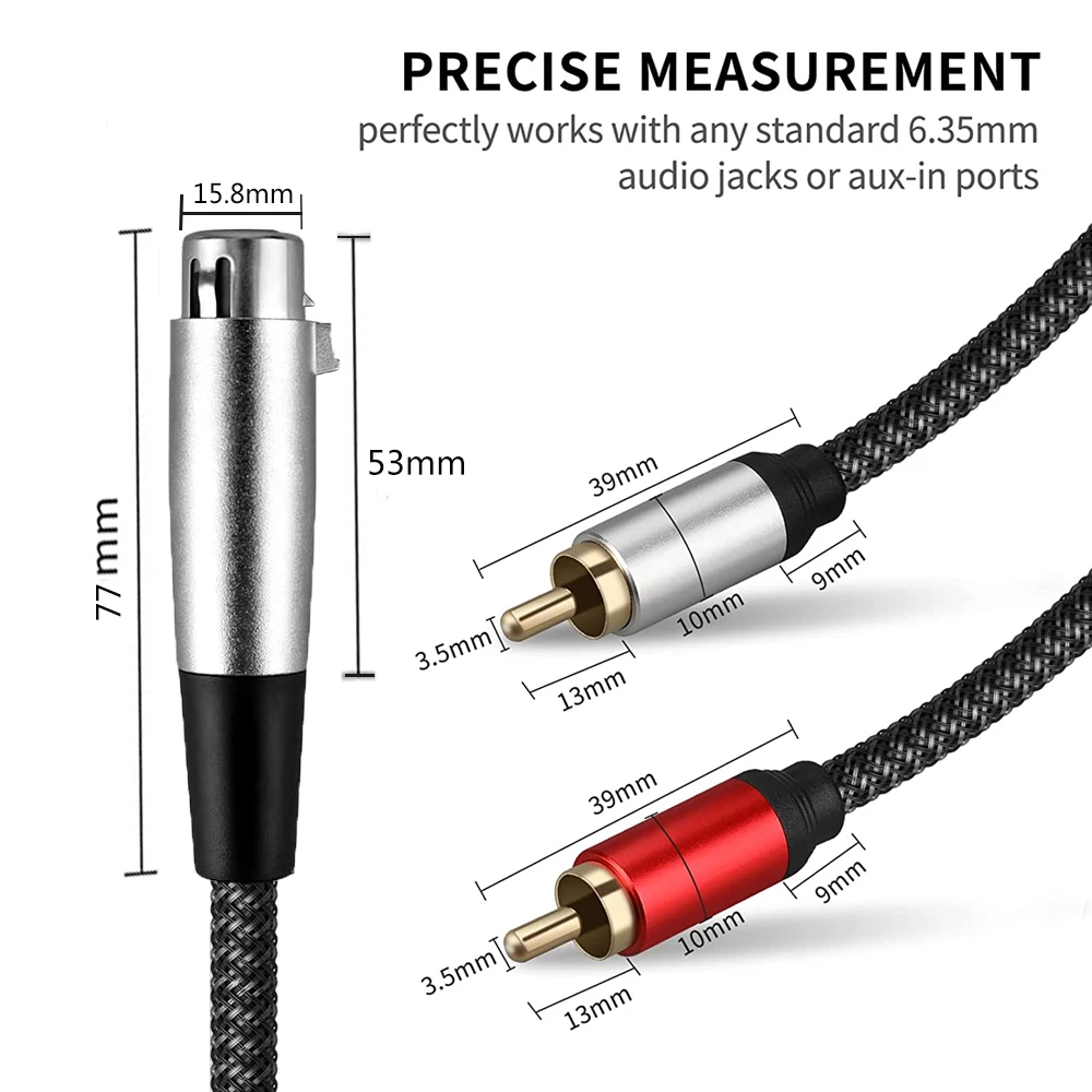 3Pin XLR To Dual RCA R/L Y Splitter Cable Unbalanced 2RCA To XLR Stereo Audio Interconnect Cable for Speaker Mixer Microphone