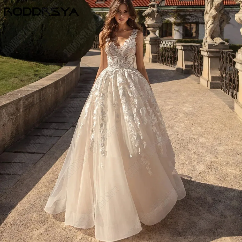 RODDRSY scollo a v senza maniche Applique abiti da sposa a-line Tulle Boho Vestidos De Novia pizzo Backless abiti da sposa su misuraRODRSY V-Neck senza maniche Applique Abiti da sposa A-Line Tulle Boho Vestidos De Novi