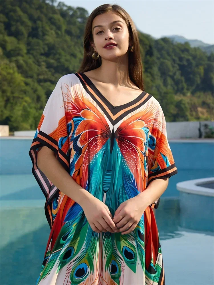 Plus Size Women's Butterfly Peacock Printed Kaftan 2024 V Neck Loose Side Split Beach Dress Swimsuit Cover Up House Robe Q1674