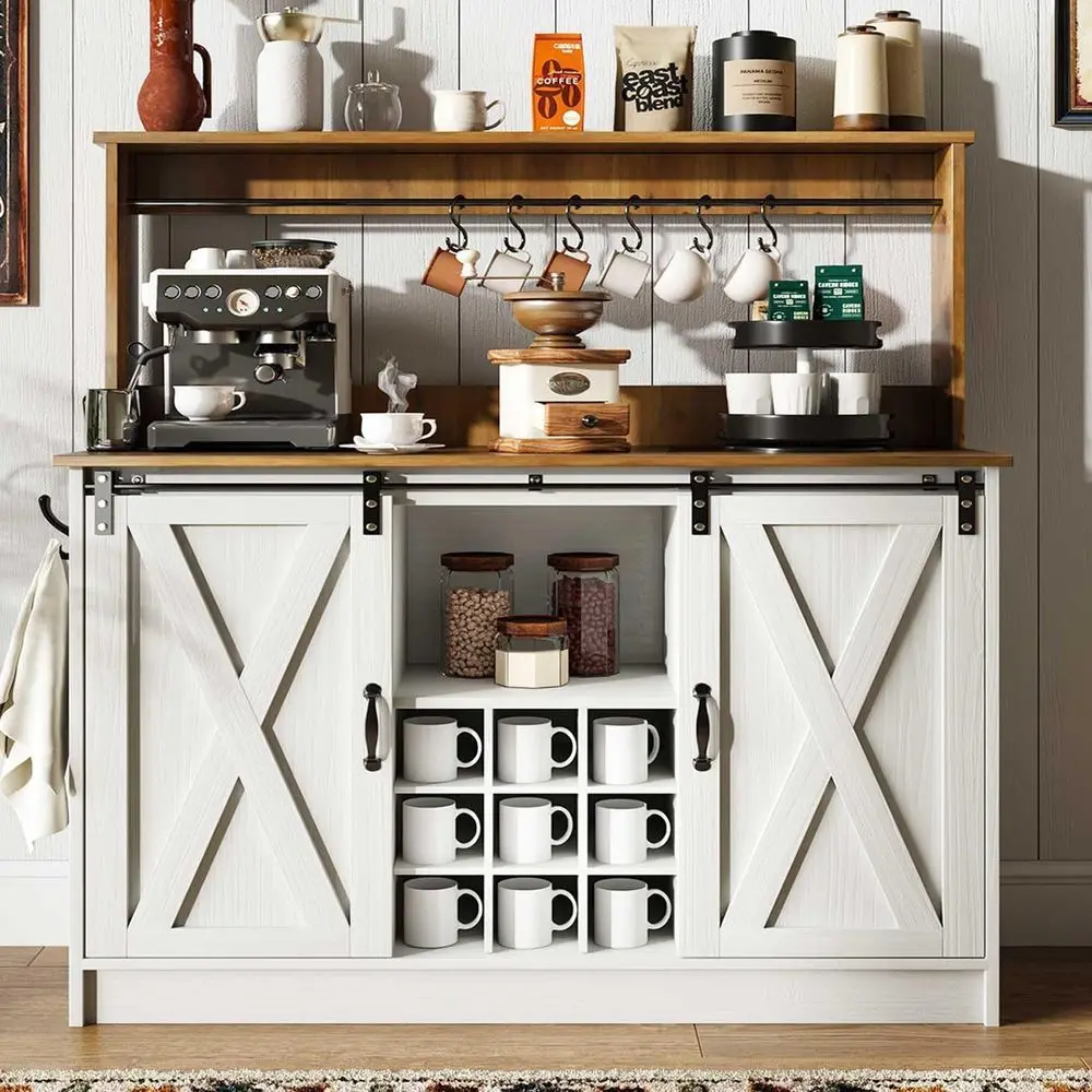 

armhouse Coee Bar Cabinet with Storage, 47'' Buet Cabinet with Hutch and Sliding Barn Door, Coee Bar with 9 Wine Racks and 6 Hoo