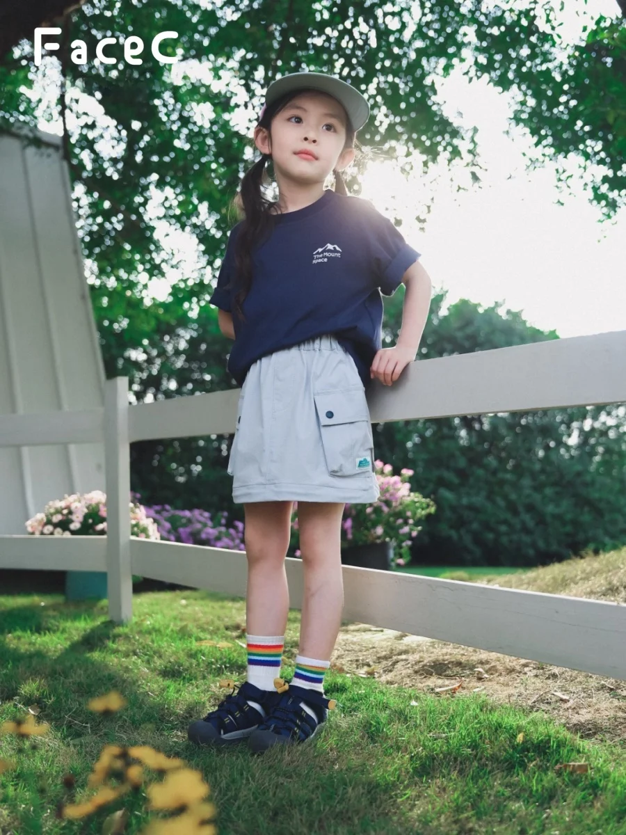 FaceC Summer New Loose Kids T-Shirt Short Sleeve Outdoor Sports Camping Top for Girls Breathable Cotton Polyester Blend
