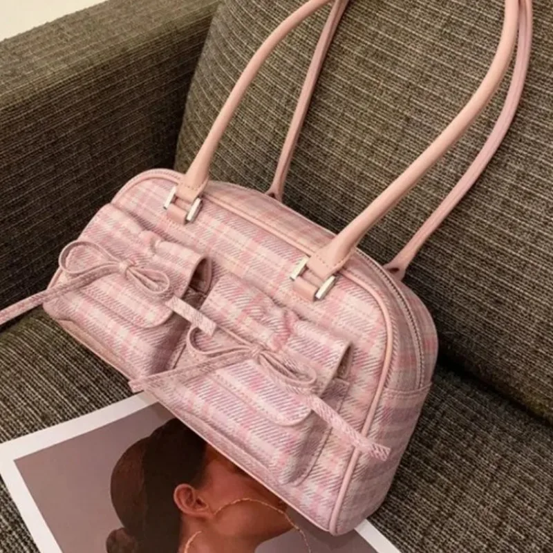 Xiuya Pink Elegant Womens Shoulder Bag Plaid Bow Vintage Leather Cute Leather Handbag Casual Sweet Bow Exquisite New Armpit Bag