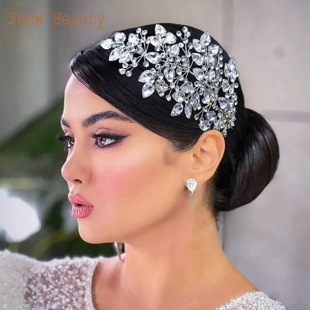 DZ073 tocado de boda de cristal plateado, accesorios para el cabello nupcial con diamantes de imitación, diadema de novia, pieza para el cabello de hoja para mujeres y niñas