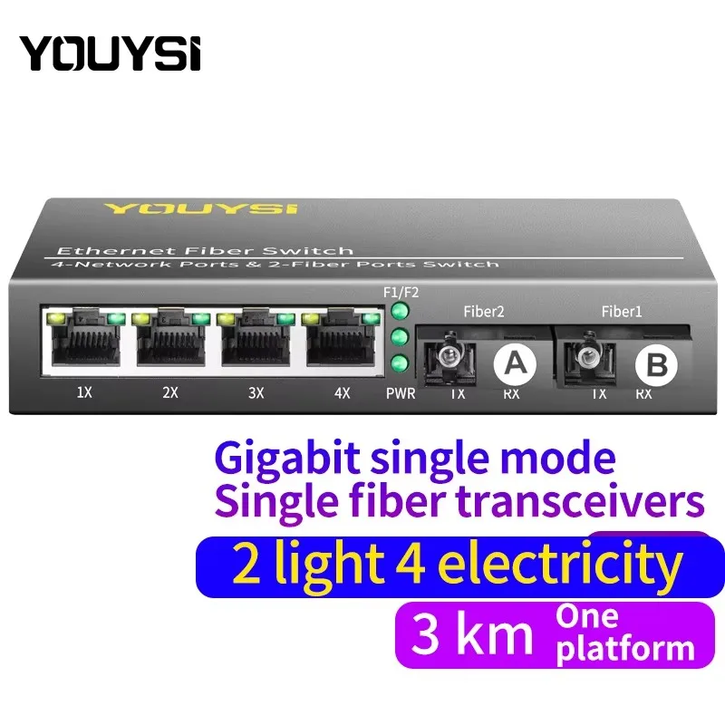 YOUYSI Gigabit 2-optical 4-electric single-mode single-fiber fiber transceiver - A/B-side media converter  3KM