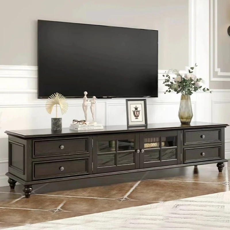 Rural solid wood TV cabinet, retro living room furniture, floor, coffee table combination, small unit, minimalist