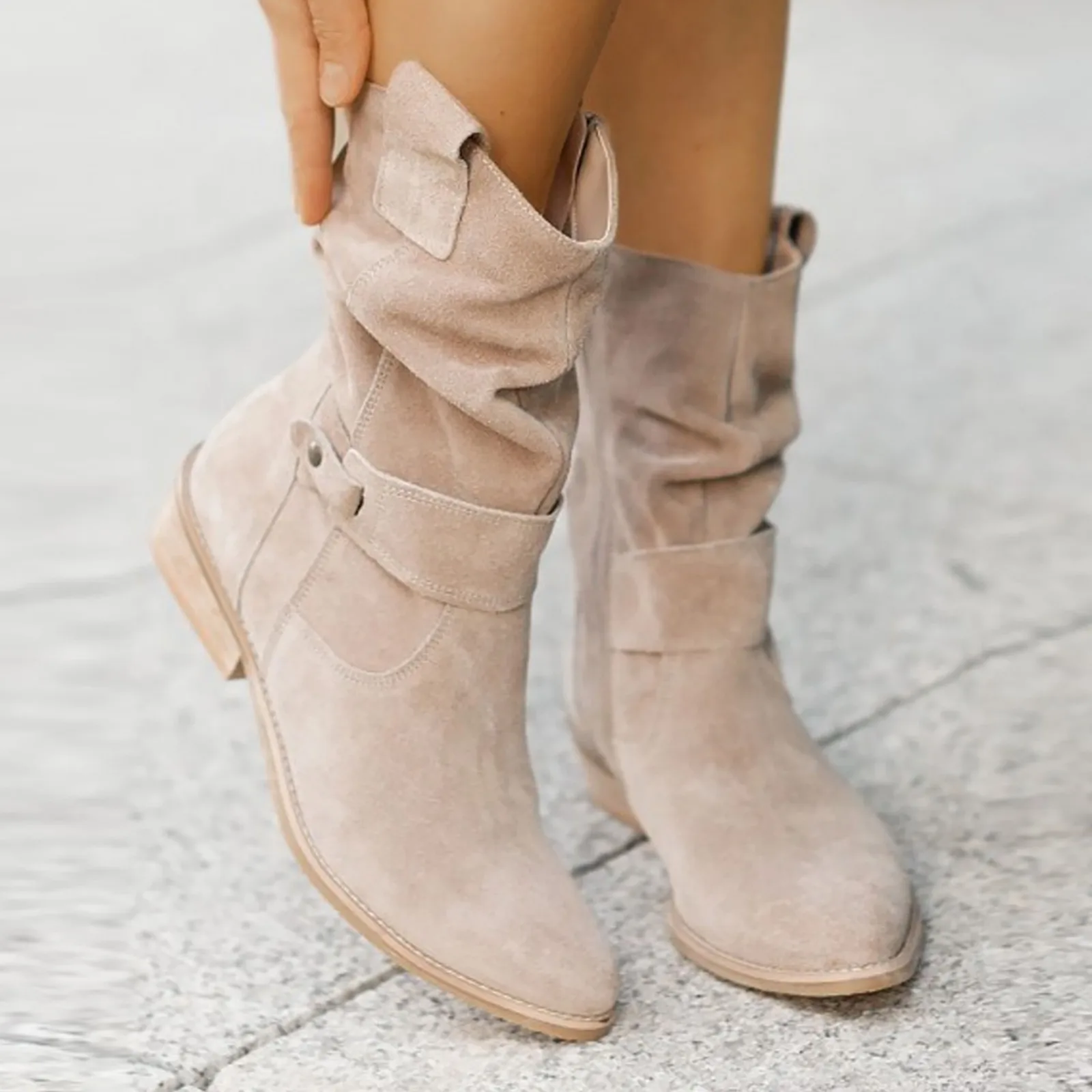 2024 Winter Warm Suede Women Ankle Boots Vintage Zipper Shoes Buckle Lady Mid-Calf Boot Outdoor Thick Low Heel Women Shoes