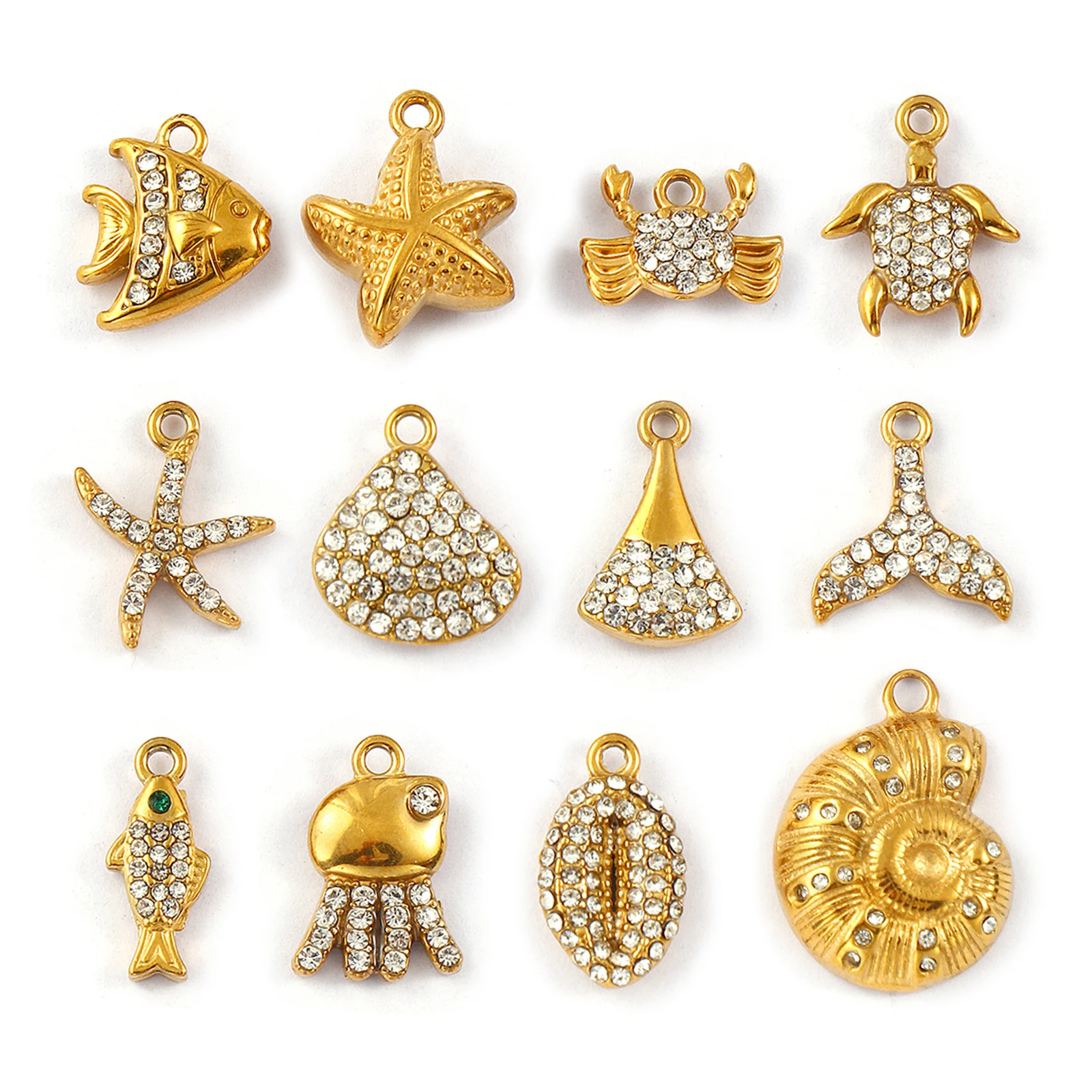2pcs Stainless Steel Charms Gold Color Fish Shell Tortoise Animal Micro Pave Rhinestone Pendants DIY Women Necklace Jewelry Gift