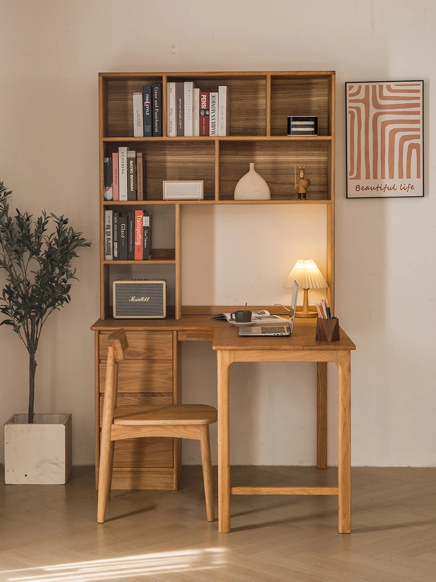 White Oak Corner Book Student Writing Solid Wood Integrated Bookshelf Desk Computer Desk