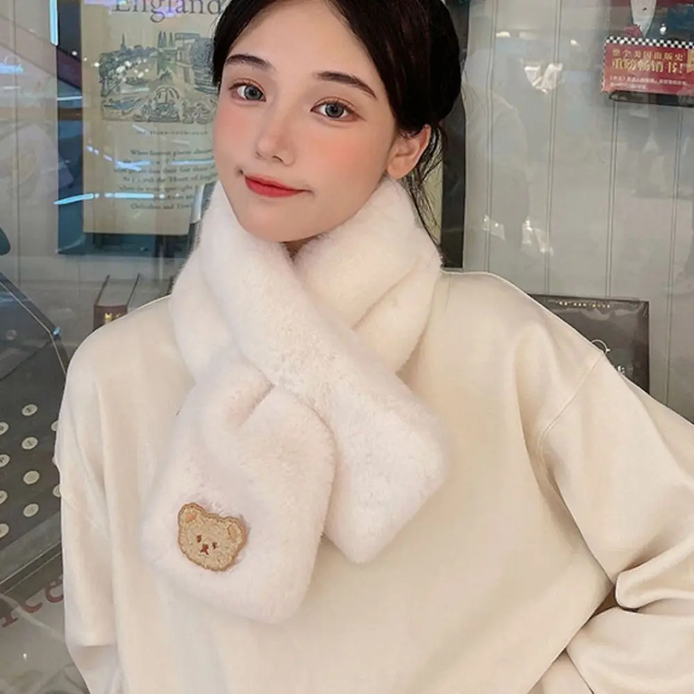 Women Winter Warm Thicken Cross Collar Scarf  Cute Bear Solid Color Faux Rabbit Fur Plush Elegant Shawl Scarfs