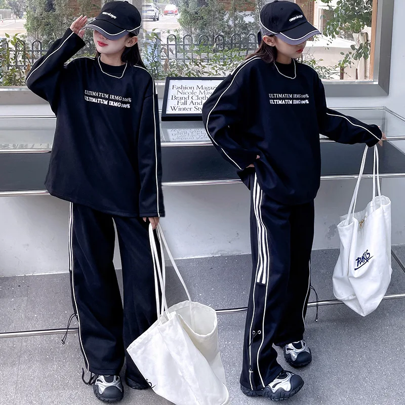 

spring teen girl sport clothes suit Letter hoodie+casual wide leg pants 2pcs junior kid tracksuits sets youth child outfits 4-14