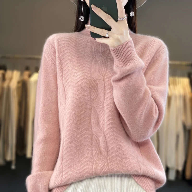 100% Merino wool cashmere sweater women's sweater high neck long sleeve thick warm pullover jacket for autumn and winter.