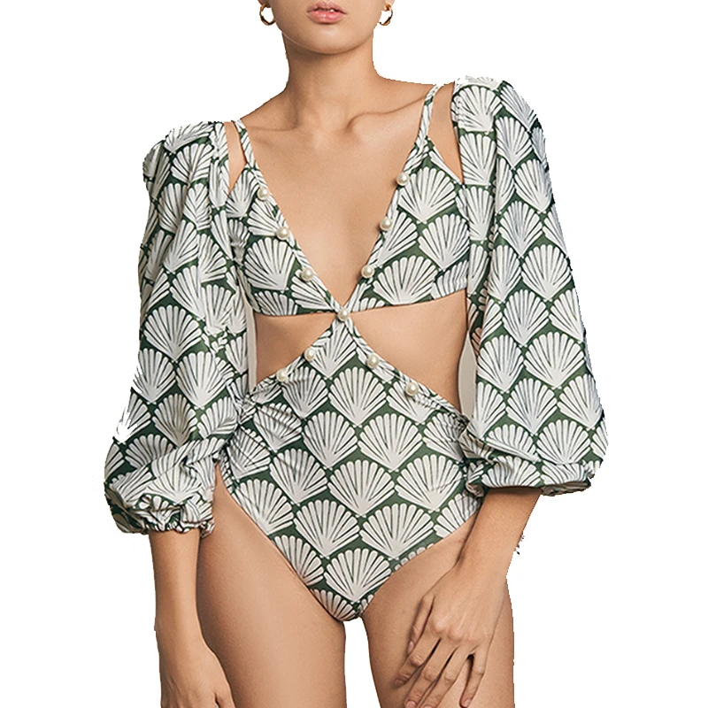 Maillot de bain une pièce imprimé coquillage pour femme, manches longues, dos nu, bandage, sexy, V profond, vêtements de plage de vacances, 2023