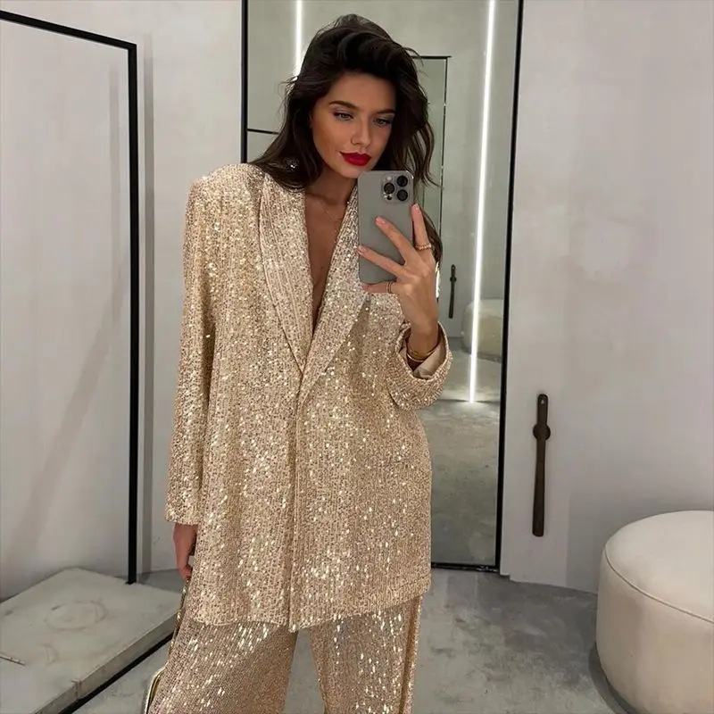 Zekye Elegant Women's Sets Beaded Blazer Trousers Suit Sequins Woman Tracksuit Woman Outfit Traffic Zara 2025 Femme