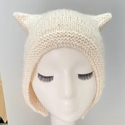 Women Adult Funny Warm Knit Cat-Ear Beanies Winter Solid Beige Hat With Sequins Handwork Skullies Caps Ear Protection