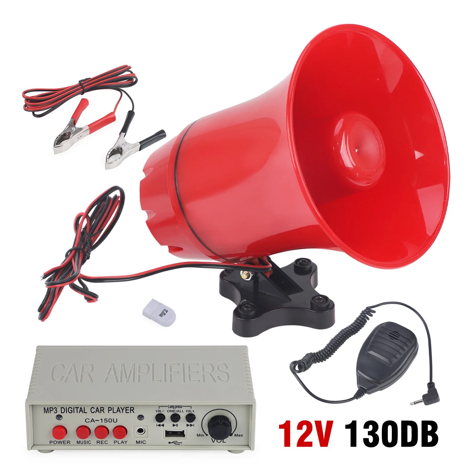 

Customizable Sound Car Alarm Siren 12V-24V DC 130dB Claxon Horns With Amplifier MIC System MP3 Player and TF Card Reader
