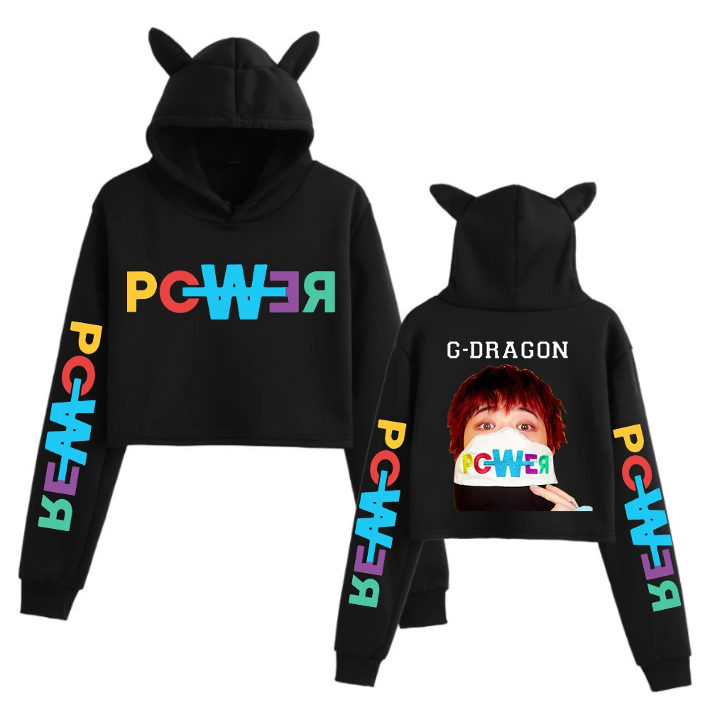 G-Dragon POWER K-pop Music Crop Top manga larga mujer lindo gato sudadera con capucha