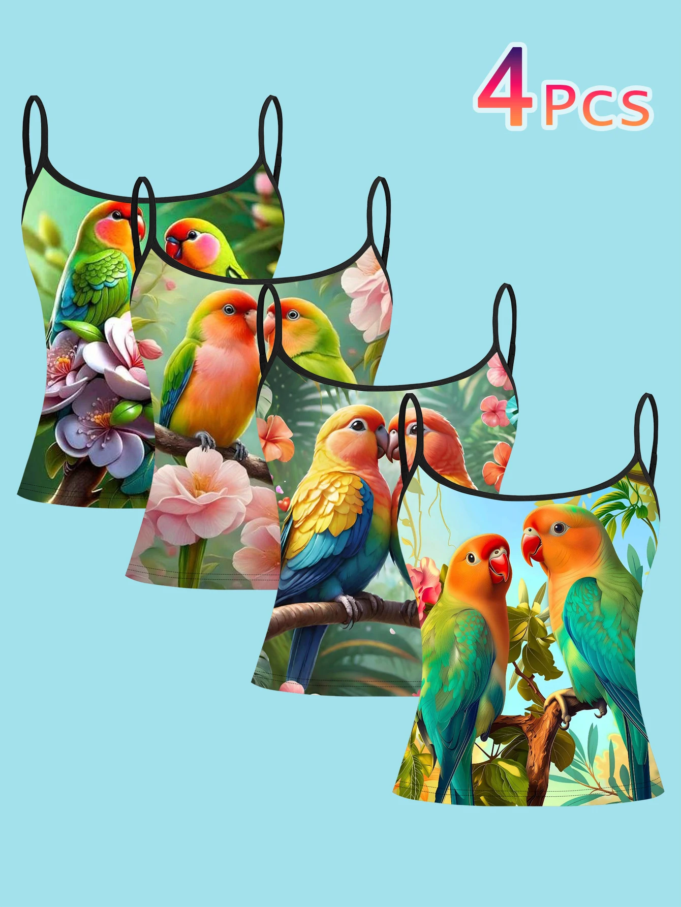 4-Piece Sweet Love Bird Suspender Set with Colorful Peony Floral Pattern for Women, Thin Strap Inner Wear