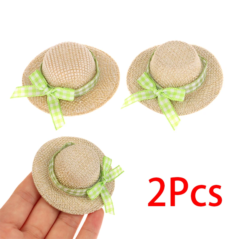 2Pcs Miniature Straw Hat Mini Doll Straw Hats With Bow Hat Doll House Ornament Hand Weaved Dollhouse Accessories