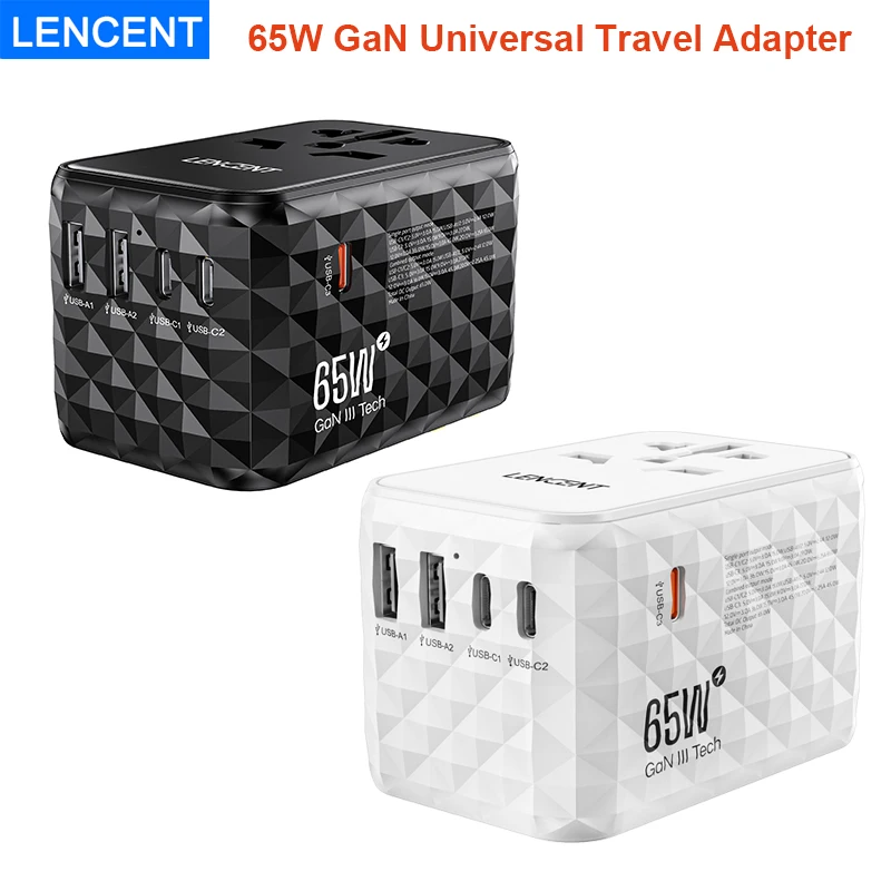

LENCENT 65W GaN Universal Travel Adapter with 2 USB-A+3 Type C Fast Charging Power Adapter EU/UK/USA/AUS Plug for Travel