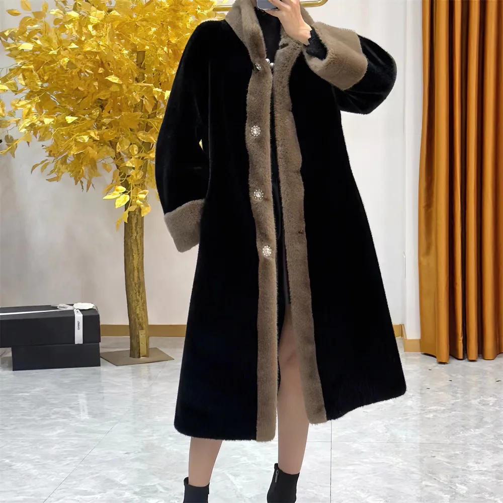 

Elegant Faux Mink Fur Coat Women Winter Long Jacket Middle-aged Elderly Mother Cashmere Overcoat Noble Warm Parkas Black Outwear