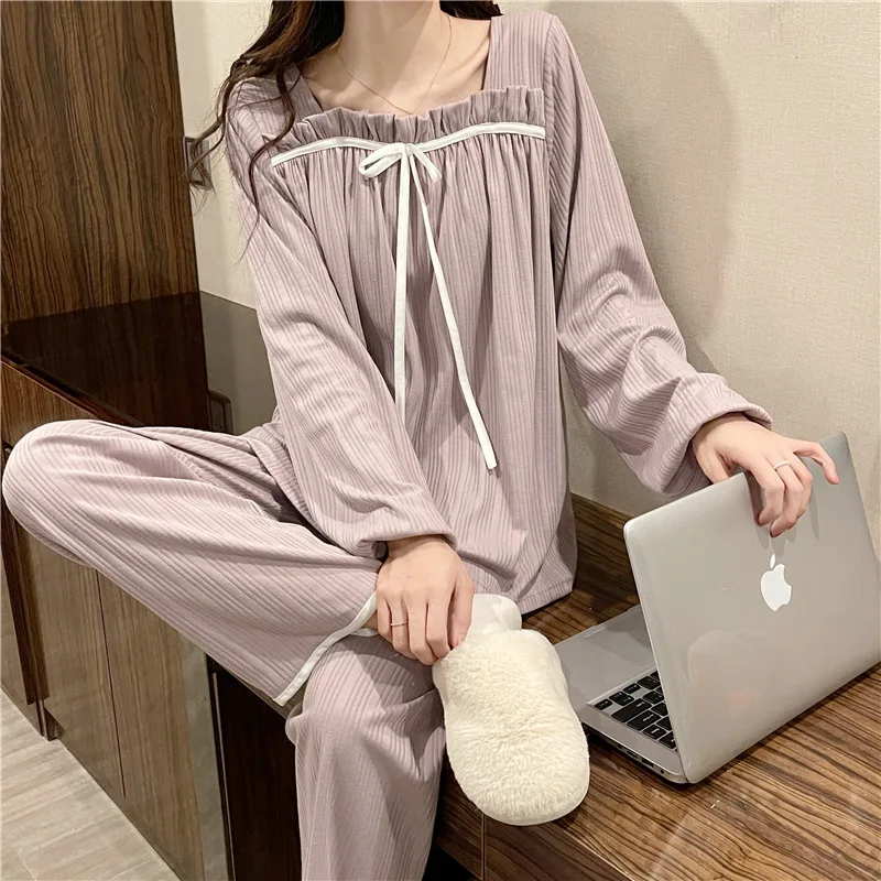 Women\'s Spring and Autumn Pajamas Set Women\'s Long-Sleeved Long Trousers Pajamas Homewear Sweet Leisure Homewear Loose Set