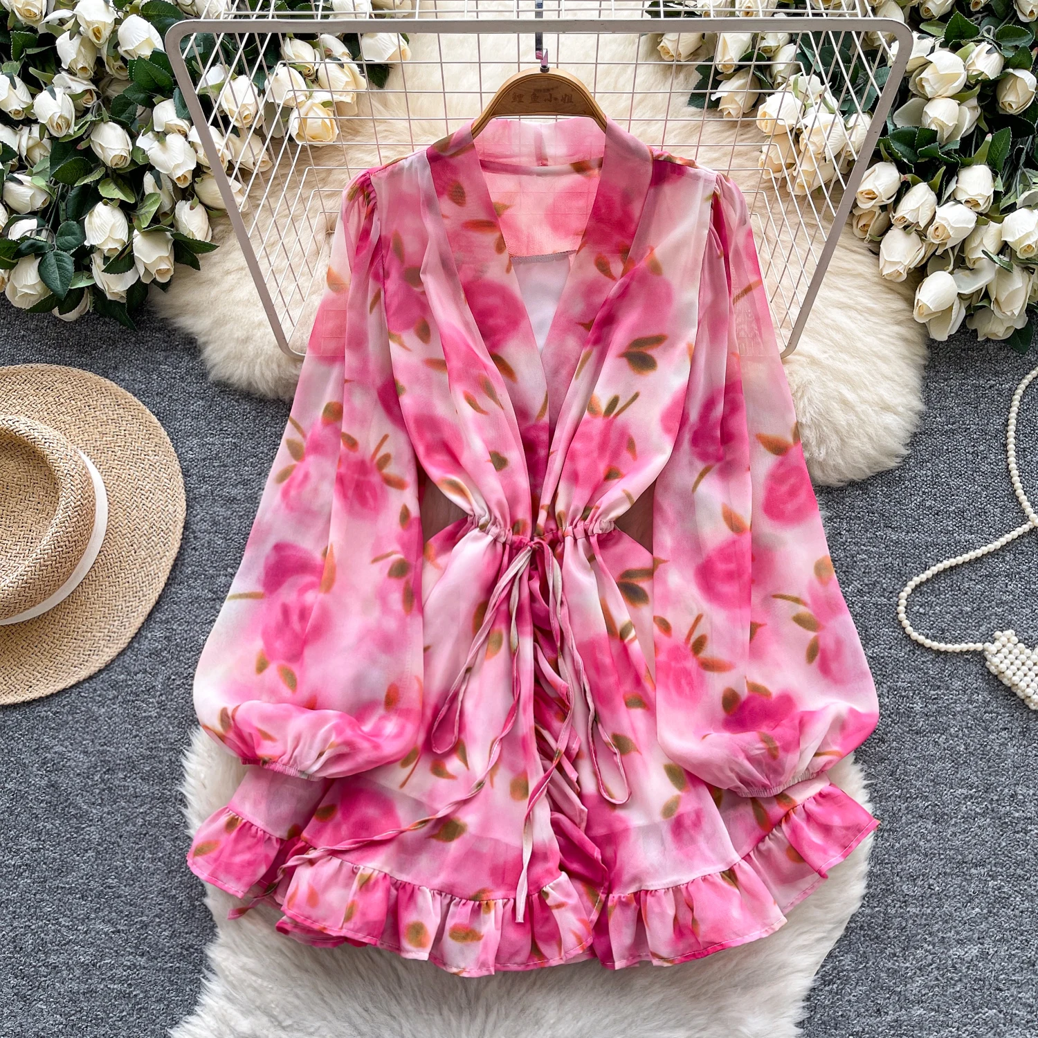 Chic vintage V-neck Ruched print slim Elegant Fairy korean fashion Boho Sundress women clothing mini dress
