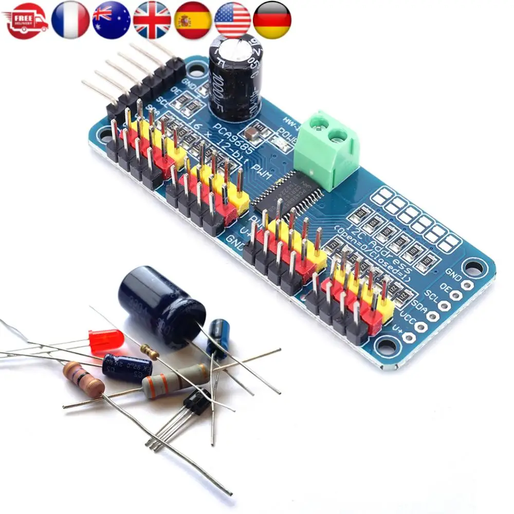 

PCA9685 PWM Servo Motor Driver IIC Interface 16 Channel 12-Bit PWM Servo Motor Shield Driver for Arduino Robot/ Raspberry Pi