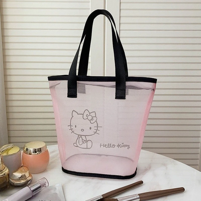 

Sanrio Summer Bag Hello Kitty Makeup Bag Women's Portable Mesh Transparent Handbag Large Capacity Travel Storage Bag