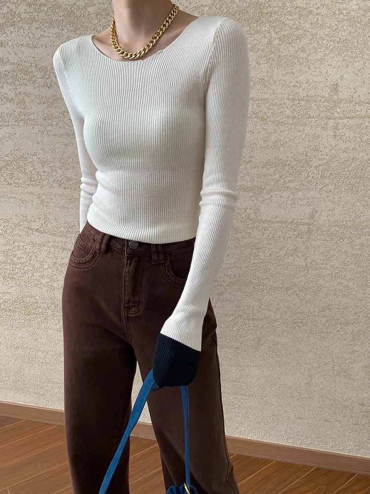 [EAM] Coffee Color-block Slim Knitting Sweater Round Neck Long Sleeve Women Pullovers New Fashion Spring Autumn 2024 1DH7372