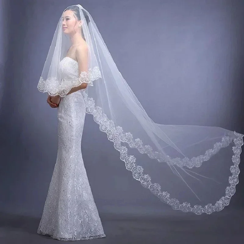 Women Pure White Wedding Veil Long Embroidered Floral Lace Scalloped Edge Bridal Cathedral 1 Layer Party Accessories
