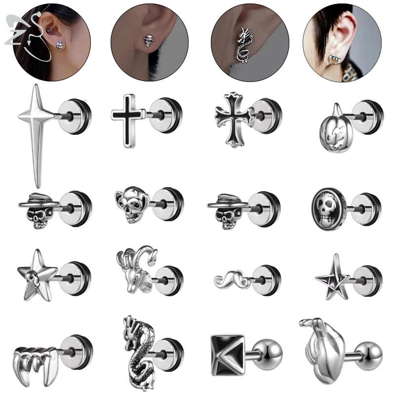 

ZS 1PC 16G Cross Skeleton Finger Stainless Steel Stud Earring For Women Men Punk Rock Ear Conch Tragus Cartilag Helix Piercings